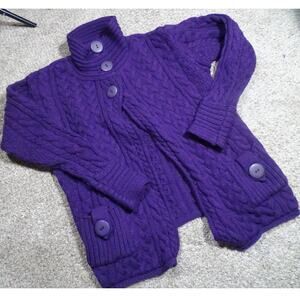 Vtg Aran Crafts Ireland Purple 100% Merino Wool Button Front Cardigan Sweater M